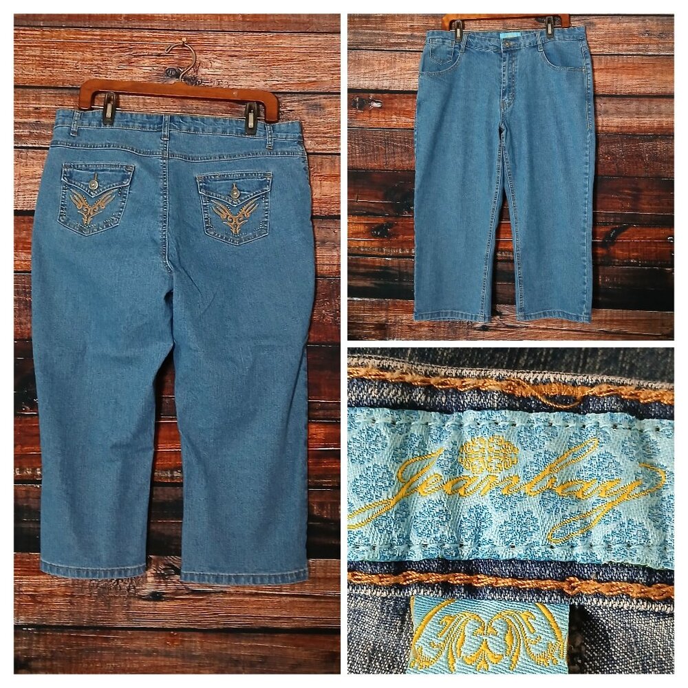 JeanBay Jeans Plus Size 16 W Capri Blue Ramie Denim Embroidered Vintage Y2K